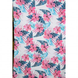 Tissu maillot de bain blanc à motif aloha corail, fuchsia, vert, bleu | Pretty Mercerie | Mercerie en ligne