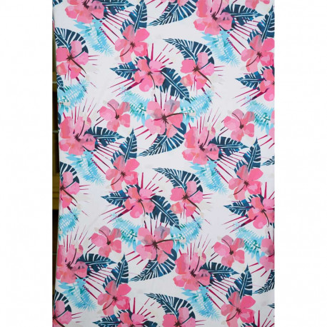 Tissu maillot de bain blanc à motif aloha corail, fuchsia, vert, bleu | Pretty Mercerie | Mercerie en ligne