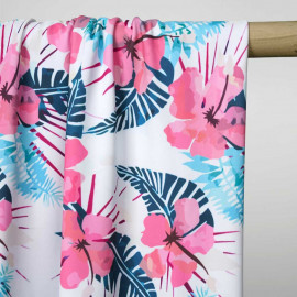 Tissu maillot de bain blanc à motif aloha corail, fuchsia, vert, bleu | Pretty Mercerie | Mercerie en ligne