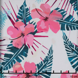 Tissu maillot de bain blanc à motif aloha corail, fuchsia, vert, bleu | Pretty Mercerie | Mercerie en ligne