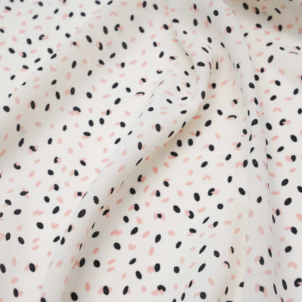 Tissu crêpe blanc cassé à motif confettis rose et noir | Pretty Mercerie | mercerie en ligne