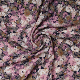Tissu viscose bloom bleu marine à motif fleurie rose, kaki et beige | Pretty Mercerie | mercerie en ligne