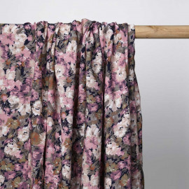 Tissu viscose bloom bleu marine à motif fleurie rose, kaki et beige | Pretty Mercerie | mercerie en ligne