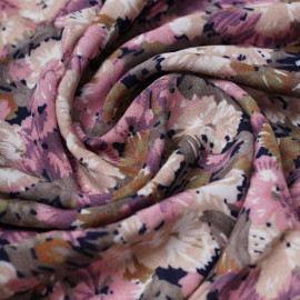 Tissu viscose bloom bleu marine à motif fleurie rose, kaki et beige | Pretty Mercerie | mercerie en ligne