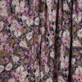 Tissu viscose bloom bleu marine à motif fleurie rose, kaki et beige | Pretty Mercerie | mercerie en ligne