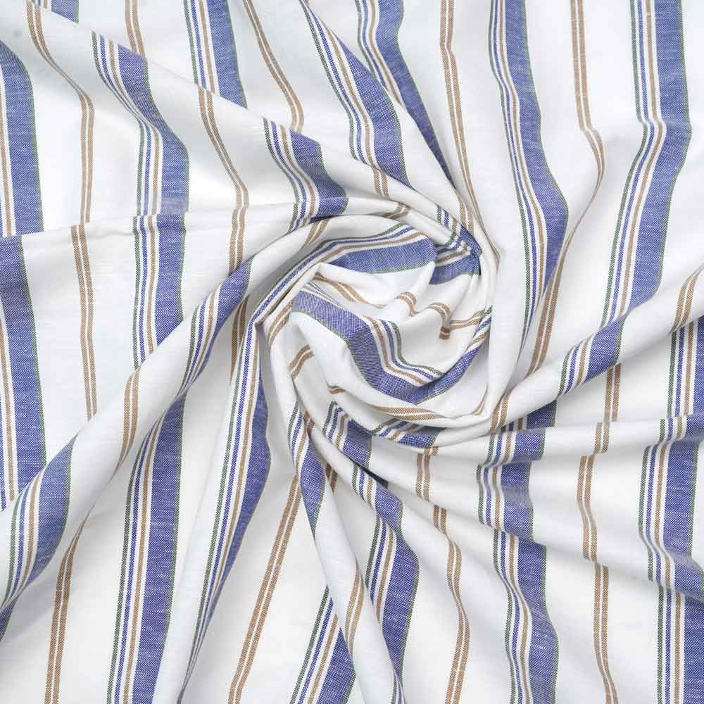Tissu lin blanc cassé blanc à motif rayé bleu, beige et vert | Pretty Mercerie | mercerie en ligne