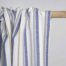 Tissu lin blanc cassé blanc à motif rayé bleu, beige et vert | Pretty Mercerie | mercerie en ligne