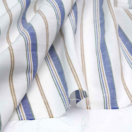 Tissu lin blanc cassé blanc à motif rayé bleu, beige et vert | Pretty Mercerie | mercerie en ligne