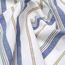 Tissu lin blanc cassé blanc à motif rayé bleu, beige et vert | Pretty Mercerie | mercerie en ligne