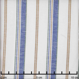 Tissu lin blanc cassé blanc à motif rayé bleu, beige et vert | Pretty Mercerie | mercerie en ligne