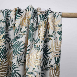 jacquard crème à motif tissé palme, doré et vert | Pretty Mercerie | mercerie en ligne
