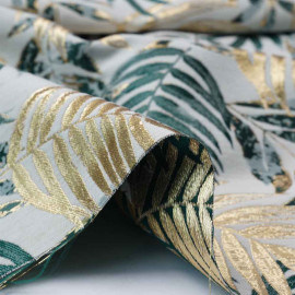 jacquard crème à motif tissé palme, doré et vert | Pretty Mercerie | mercerie en ligne