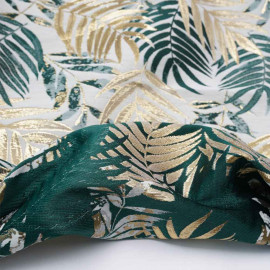 jacquard crème à motif tissé palme, doré et vert | Pretty Mercerie | mercerie en ligne