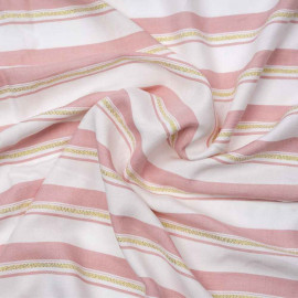 Tissu viscose blanc à motif rayé rose et or | pretty mercerie | mercerie en ligne