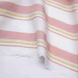 Tissu viscose blanc à motif rayé rose et or | pretty mercerie | mercerie en ligne