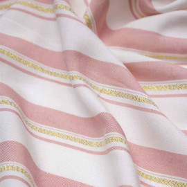 Tissu viscose blanc à motif rayé rose et or | pretty mercerie | mercerie en ligne