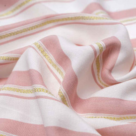 Tissu viscose blanc à motif rayé rose et or | pretty mercerie | mercerie en ligne