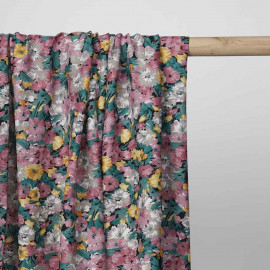 Tissu viscose bloom noir à motif fleurie rose, vert et jaune | Pretty Mercerie | mercerie en ligne