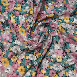 Tissu viscose bloom noir à motif fleurie rose, vert et jaune | Pretty Mercerie | mercerie en ligne