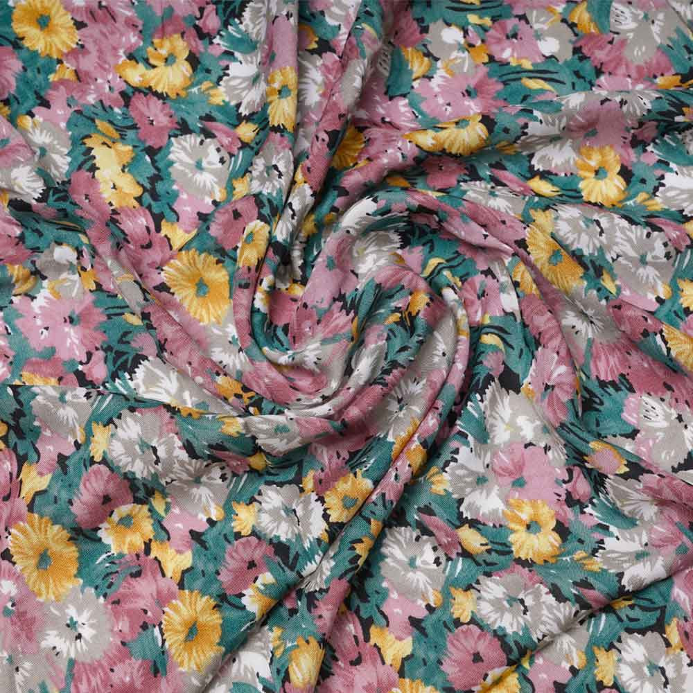 Tissu viscose bloom noir à motif fleurie rose, vert et jaune | Pretty Mercerie | mercerie en ligne