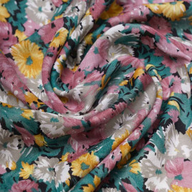 Tissu viscose bloom noir à motif fleurie rose, vert et jaune | Pretty Mercerie | mercerie en ligne