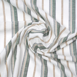 Tissu lin blanc cassé blanc à motif rayé vert, beige et bleu | Pretty Mercerie | mercerie en ligne