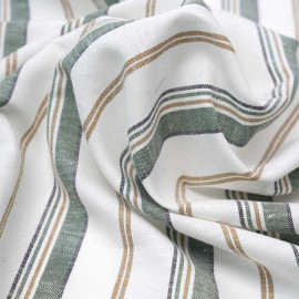 Tissu lin blanc cassé blanc à motif rayé vert, beige et bleu | Pretty Mercerie | mercerie en ligne