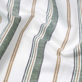Tissu lin blanc cassé blanc à motif rayé vert, beige et bleu | Pretty Mercerie | mercerie en ligne