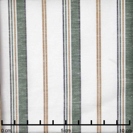 Tissu lin blanc cassé blanc à motif rayé vert, beige et bleu | Pretty Mercerie | mercerie en ligne