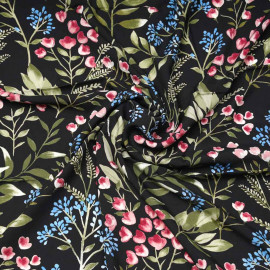 Tissu viscose noir à motif branche fleurie rose, vert et bleu / Pretty Mercerie / mercerie en ligne