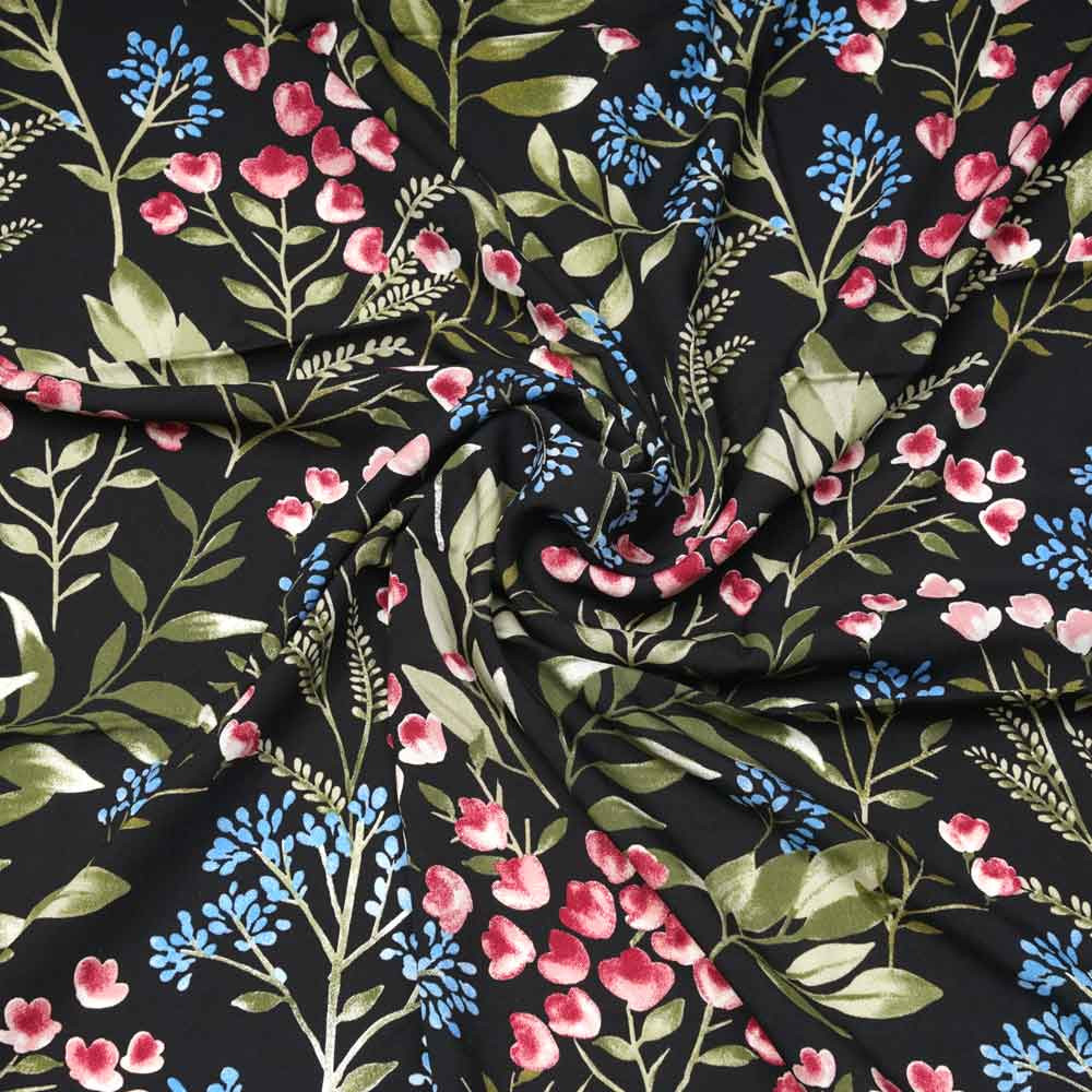 Tissu viscose noir à motif branche fleurie rose, vert et bleu / Pretty Mercerie / mercerie en ligne