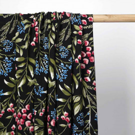 Tissu viscose noir à motif branche fleurie rose, vert et bleu / Pretty Mercerie / mercerie en ligne