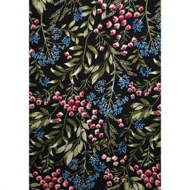 Tissu viscose noir à motif branche fleurie rose, vert et bleu / Pretty Mercerie / mercerie en ligne
