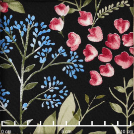 Tissu viscose noir à motif branche fleurie rose, vert et bleu / Pretty Mercerie / mercerie en ligne