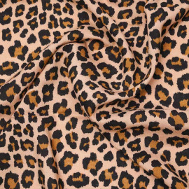 Tissu viscose beige à motif léopard noir et caramel |Pretty Mercerie | mercerie en ligne