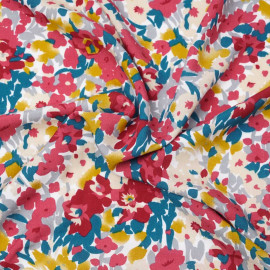Tissu viscose blanche à motif floral abstrait rose et moutarde | pretty mercerie | mercerie en ligne
