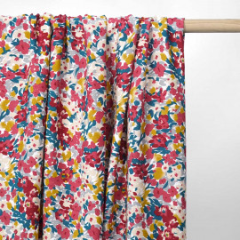 Tissu viscose blanche à motif floral abstrait rose et moutarde | pretty mercerie | mercerie en ligne