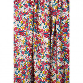 Tissu viscose blanche à motif floral abstrait rose et moutarde | pretty mercerie | mercerie en ligne