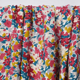 Tissu viscose blanche à motif floral abstrait rose et moutarde | pretty mercerie | mercerie en ligne
