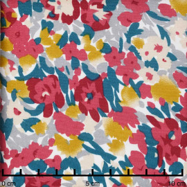 Tissu viscose blanche à motif floral abstrait rose et moutarde | pretty mercerie | mercerie en ligne