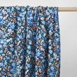 Tissu viscose bleu marine à motif floral abstrait abricot et bleu | pretty mercerie | mercerie en ligne