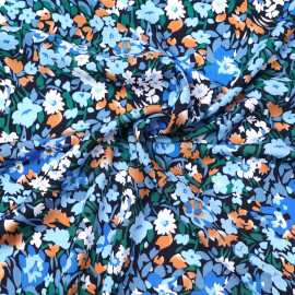 Tissu viscose bleu marine à motif floral abstrait abricot et bleu | pretty mercerie | mercerie en ligne