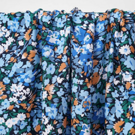 Tissu viscose bleu marine à motif floral abstrait abricot et bleu | pretty mercerie | mercerie en ligne