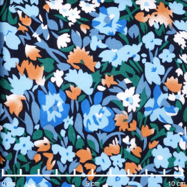 Tissu viscose bleu marine à motif floral abstrait abricot et bleu | pretty mercerie | mercerie en ligne