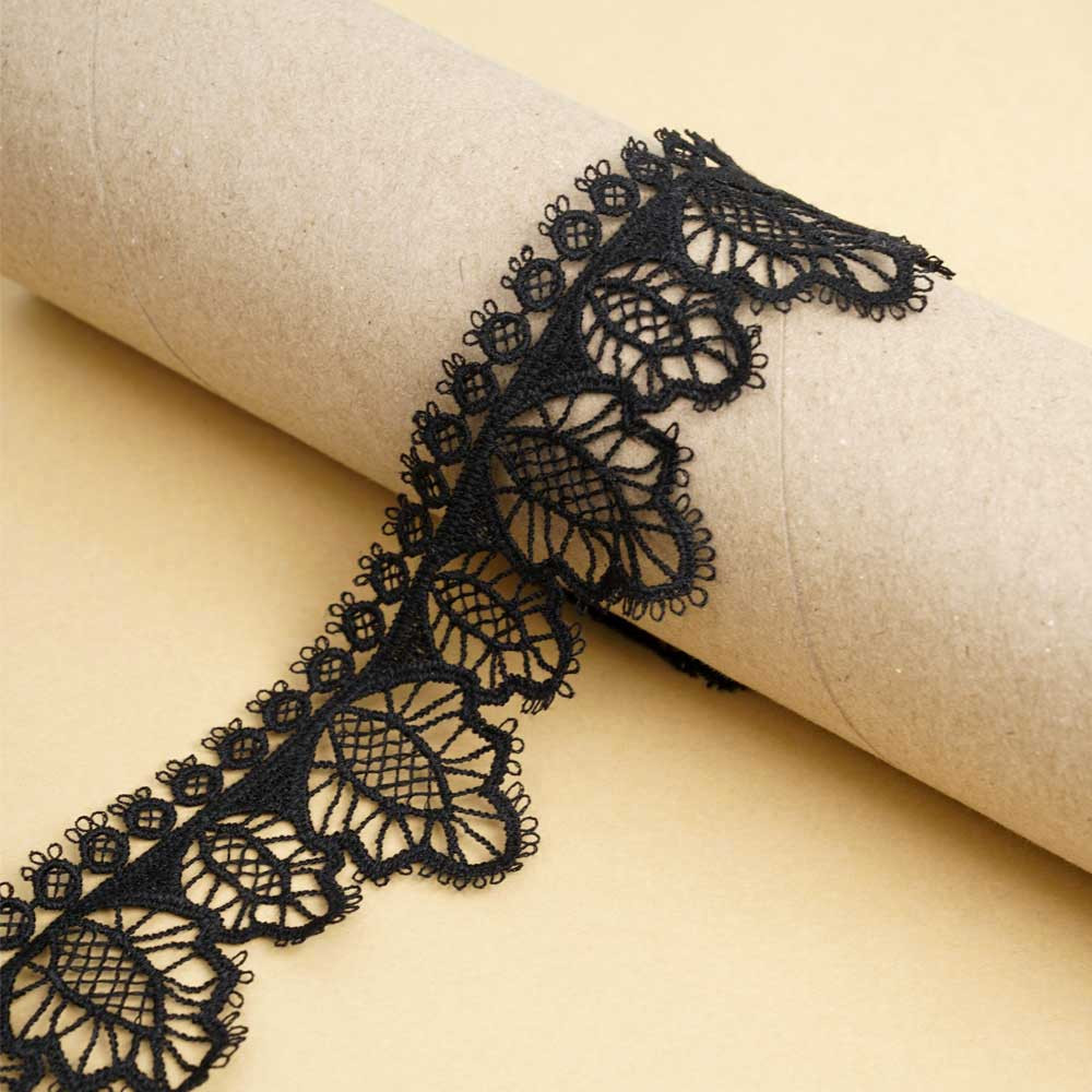 Ruban guipure noir à motif feuilles | pretty mercerie | mercerie en ligne