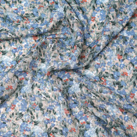 Tissu viscose beige à motif champs fleuri bleu, rose et vert | Pretty Mercerie | mercerie en ligne