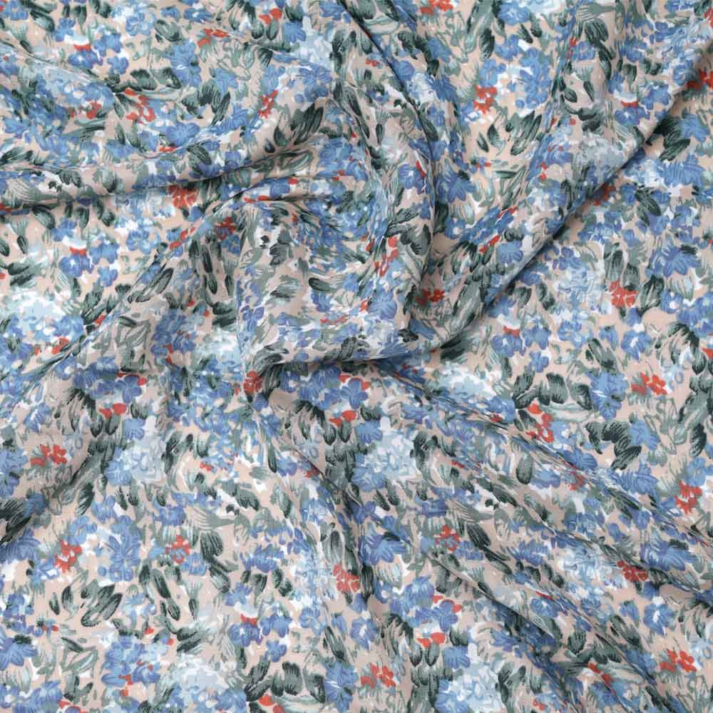 Tissu viscose beige à motif champs fleuri bleu, rose et vert | Pretty Mercerie | mercerie en ligne
