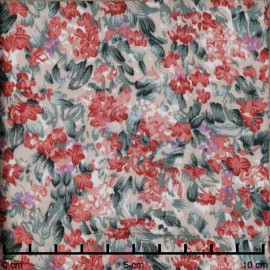 Tissu viscose beige à motif champs fleuri rose, mauve et vert | Pretty Mercerie | mercerie en ligne