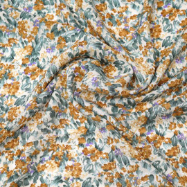 Tissu viscose beige à motif champs fleuri moutarde, mauve et vert | Pretty Mercerie | mercerie en ligne