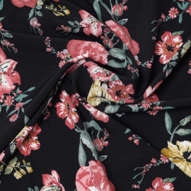 Tissu crêpe noir à motif fleuri rose, vert et moutarde / Pretty Mercerie / mercerie en ligne